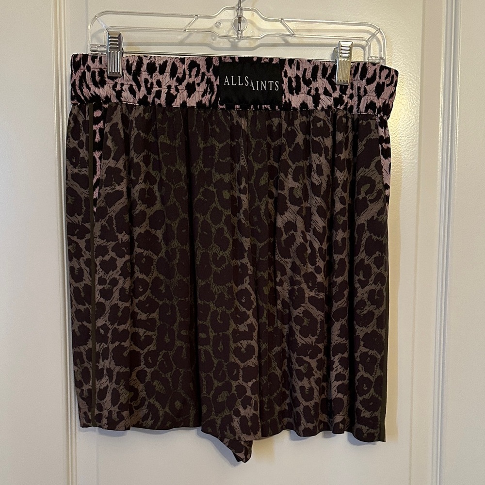 All Saints Leopard Print Shorts with Pink Waistband